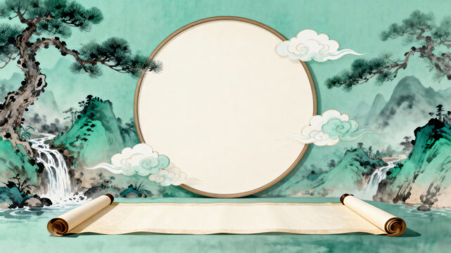 Chinese style landscape scroll product display stand