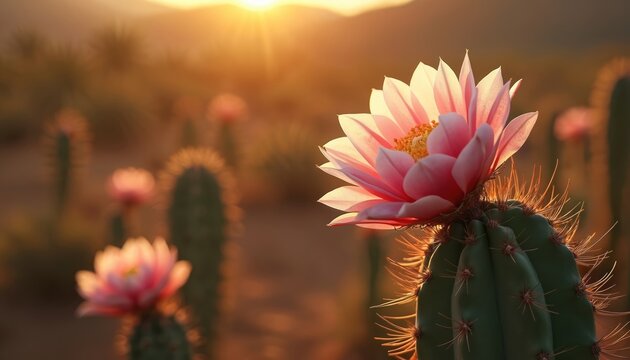Pink cactus flower blooms at sunset in desert landscape. Spiny green plant opens petals, showing yellow stamen. Warm sunlight bathes arid terrain with soft glow.