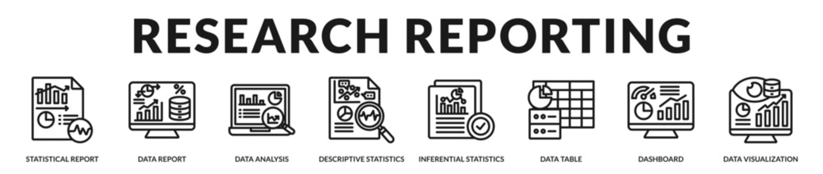 Research reporting banner emphasizing structured statistical documentation and insight driven analytical presentation in Lineal Icon Style