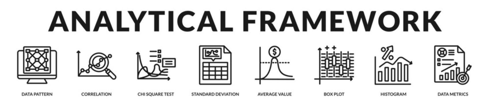 Analytical framework banner presenting structured statistical methodologies and rigorous quantitative evaluation systems in Lineal Icon Style