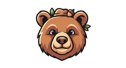 Obraz premium Smiling cartoon bear face illustration with leaves in fur friendly animal character design brown and beige colors simple white background cute expression
