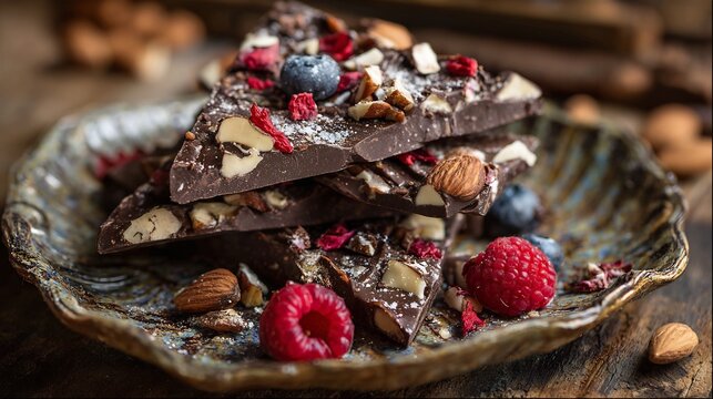 elicious chocolate bark with raspberries, almonds, and cranberries, a delightful confectionary treat