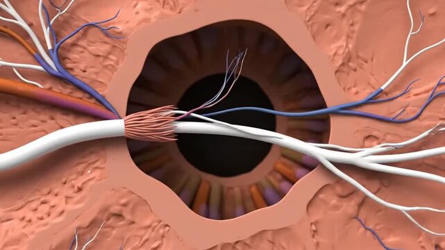 Detailed anatomical illustration of the human eye's optic nerve and blood vessels.
