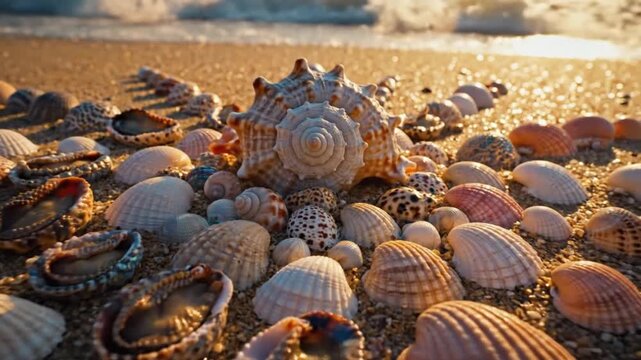 Assorted seashells and starfish on a sandy beach at sunset, captured from a low angle