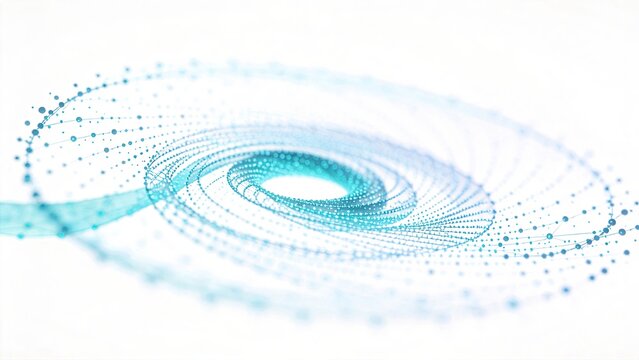 Abstract blue digital data flow with connecting dots forming a spiral vortex on white background representing technology network communication science innovation and futuristic concepts