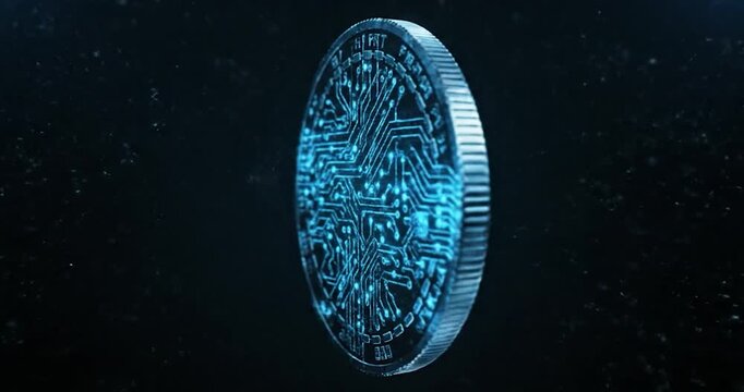 Digital cryptocurrency coins with futuristic data background