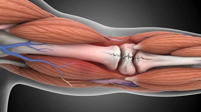 Detailed anatomical illustration of a human arm showing a bone fracture and surrounding muscles and blood vessels, highlighting an injury.