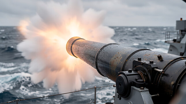 Naval gun firing on water with explosion and smoke