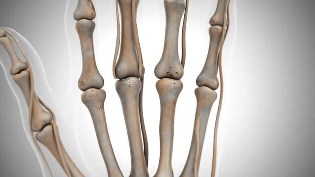 Detailed anatomical illustration of human hand bones and joints.
