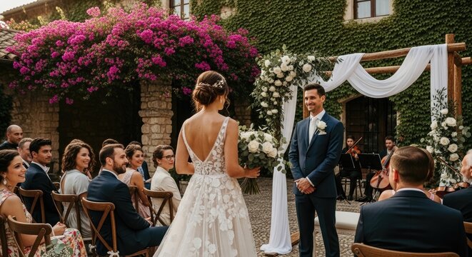 A couple stands before an altar during a wedding ceremony.