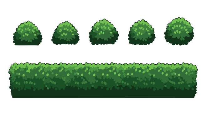 Green Bushes and Hedge. Pixel Art Elements. Retro Style. Textured Foliage. Game Assets.