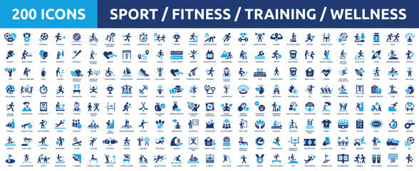 Obraz premium Huge set of 200 solid icons. Mega collection concept of sport, fitness, training, gym and wellness. Vector illustration.