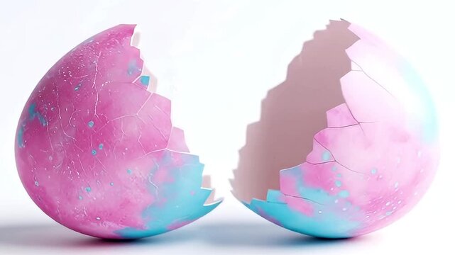 A beautifully decorated eggshell is precisely split into two delicate halves, standing gracefully against a pristine white studio background. The shell features a charming, watercolor-like design, ble