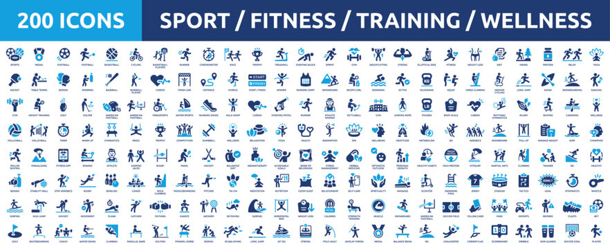 Huge set of 200 solid icons. Mega collection concept of sport, fitness, training, gym and wellness. Vector illustration.