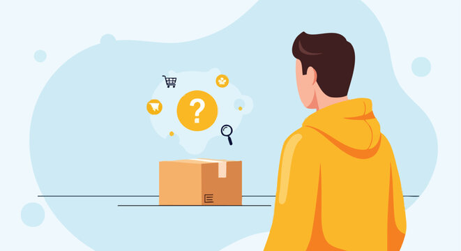 Man Considering Package Contents. Online Shopping Decision. Question Mark Concept.