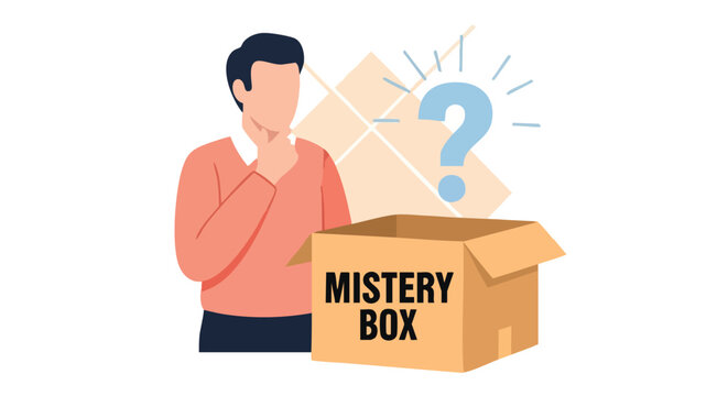 Man with Mystery Box. Decision Making Concept. Flat Vector Illustration. Business Uncertainty.