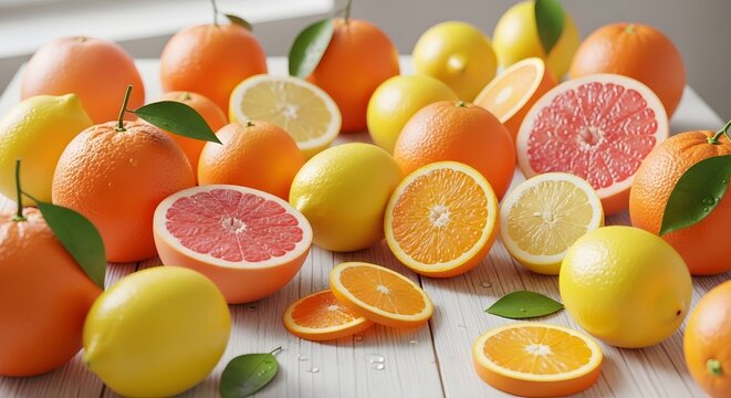 Vibrant Oranges and Grapefruits on Rustic Wood Table, Food Photography, Bright Natural Light Setting