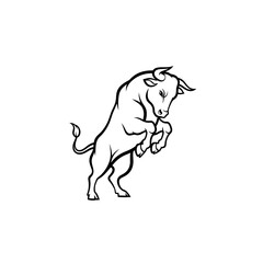 Fototapeta premium A black line drawing of a powerful bull rearing up on its hind legs