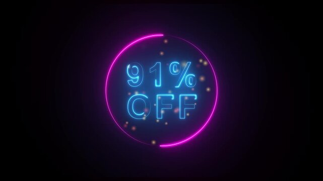 Ninety One Percent Off Neon Sign With Purple Circle Border And Golden Sparkles On Black Background 91 percent off