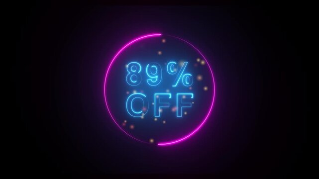 Eighty Nine Percent Off Neon Sign With Purple Circle Border And Golden Sparkles On Black Background 89 percent off