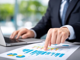 Obraz premium Professional Businessman Analyzing Financial Data with Laptop and Documents in Modern Office