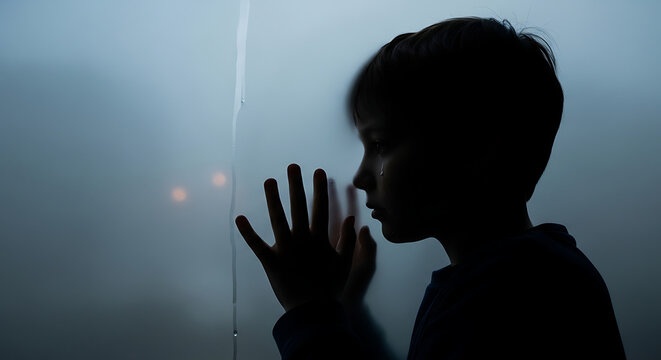 Deeply emotional silhouette of a lonely child pressing palm against cold fogged glass window evoking profound isolation fear and a desperate need for trauma informed psychological support