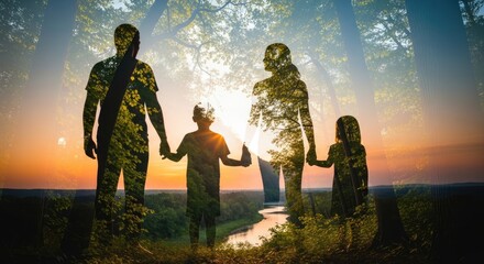 Fototapeta premium A silhouetted family stands hand-in-hand on a hilltop, facing a vibrant sunset. The father, mother, son, and daughter are seamlessly blended with the surrounding trees, creating a beautiful composite