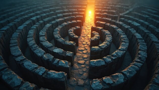 Stone maze circular path leading to bright light. Ancient structure complex stone walls, dark mysterious passages. Path in center of labyrinth, guiding way forward.