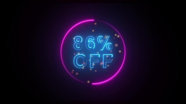Neon 86 Percent Off Discount Sign Glowing Blue and Pink on Black Background sale neon sign