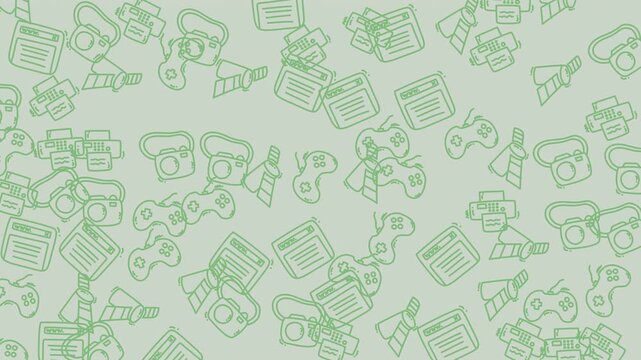 Seamless pattern of retro technology outlines including floppy disks, game controllers, and vintage cameras on a light green background, evoking digital nostalgia.