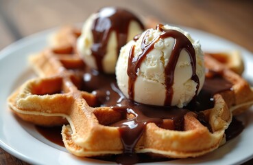 Belgian waffle with vanilla ice cream and chocolate sauce. Delicious sweet dessert treat served on white plate. Warm fluffy pastry with cold cream and rich topping.