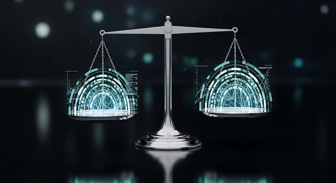 Scales of justice featuring layered translucent digital data arches over a polished reflective surface symbolizing predictive legal analytics and modern forensic technology within a courtroom.