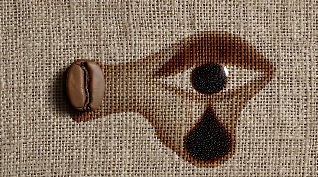 A single coffee bean rests on a textured woven background, connected to an eye-shaped coffee stain. The stain forms the iris and a tear shape