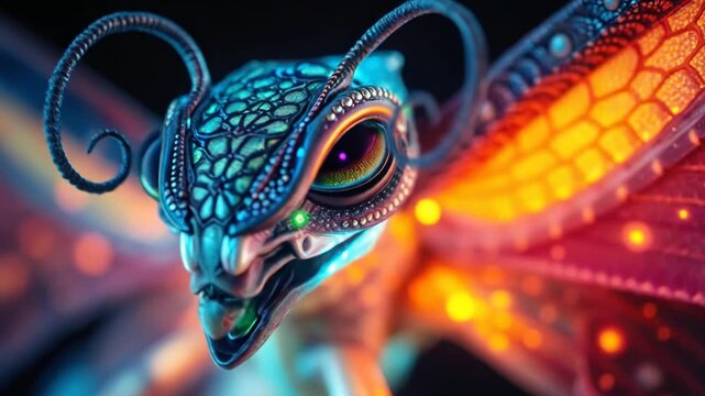 Futuristic Dragonfly Closeup with Vibrant Wings.