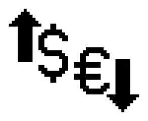 Obraz premium A pixel art depicting the rise of the dollar and the fall of the euro with arrows in a solid style