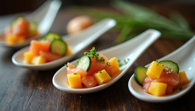 Elegant sushi bites in spoons on wood table. Salmon, mango, cucumber amuse bouche. Fresh appetizer for tasting event or gourmet dining. Bite sized seafood for party.