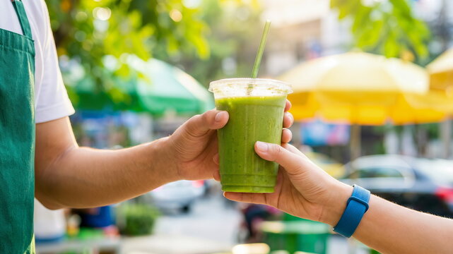 A vendor serves a refreshing green smoothie in a plastic cup to a customer at a vibrant outdoor street market, emphasizing healthy choices and summer refreshments.