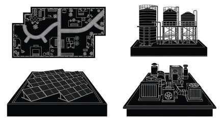 Naklejka premium Architectural blueprints and industrial facility designs on display