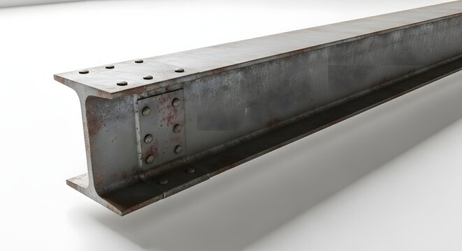 Industrial steel I-beam girder structural support section isolated on a white background for construction and engineering