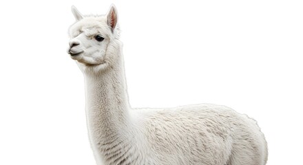 Fototapeta premium Close-up portrait of a beautiful white alpaca showcasing its gentle nature and luxurious fleece, standing serenely on a clean background, highlighting its distinctive features