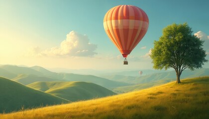 Fototapeta premium Hot air balloon floats over green rolling hills. A lone tree stands on a sunlit meadow. Sky is blue with soft clouds. Another balloon flies far away.