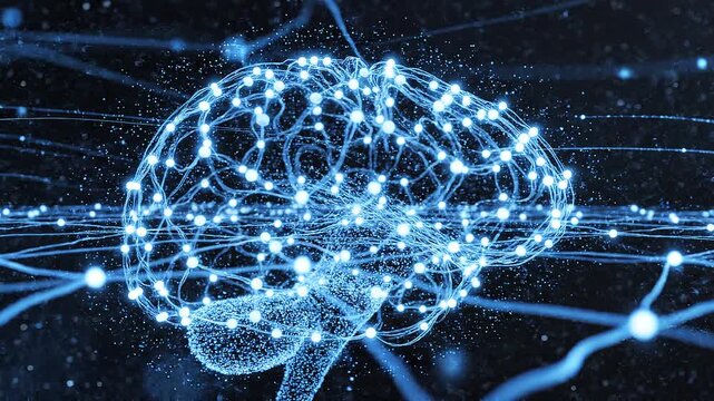 bstract AI neural network animation, glowing blue connections forming a vast digital brain-like structure
