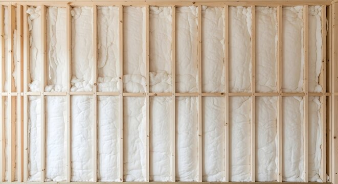 Residential interior wall under construction featuring exposed wooden studs with fluffy white thermal insulation materials installed for enhanced energy efficiency and soundproofing