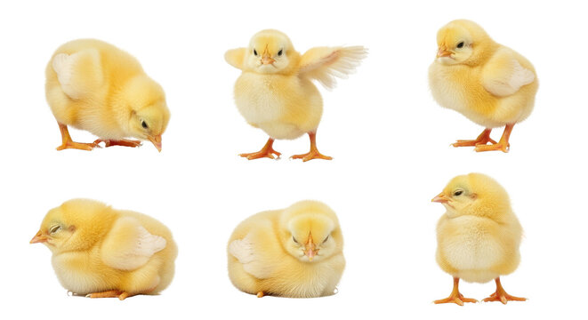 Six fluffy yellow chicks are arranged in a collage. The chicks exhibit various postures, including sitting, standing, and stretching their wings.