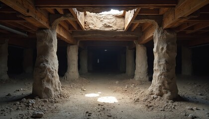 Fototapeta premium Unfinished basement construction with rough stone pillars supporting wooden beams. Dirt floor scattered with debris. Natural light enters from an opening above, illuminating the dark space.