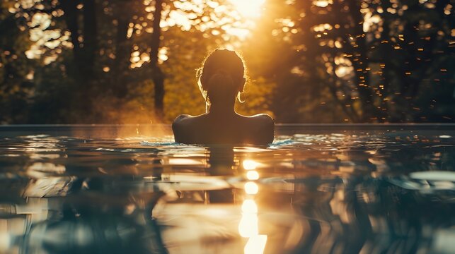 Woman Relaxing in Swimming Pool at Sunset with Golden Sunlight