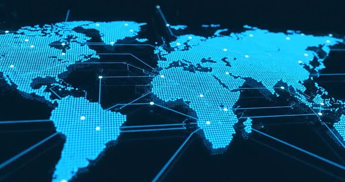 Digital global network connection map with glowing blue nodes and lines