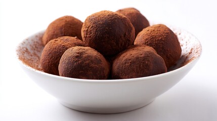 Delectable chocolate truffles in a white bowl, dusted with cocoa powder, presented in a top-down view, showcasing rich textures and a tempting, sweet indulgence for dessert lovers.