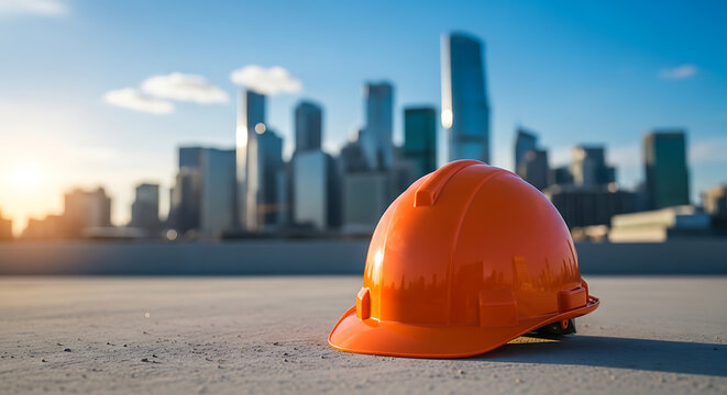 Vibrant protective orange helmet resting on a concrete ledge overlooking a sprawling metropolitan cityscape at dusk, symbolizing industrial safety standards and construction compliance.