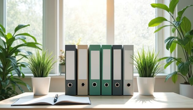 Organized desk with binders and green plants by window. Natural light creates calm workspace. Notebook and pen ready for ideas. Productivity and clean office aesthetic.